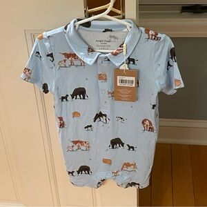 NWT Angel Dear Bamboo Light Blue Cow Print Polo Henley Romper